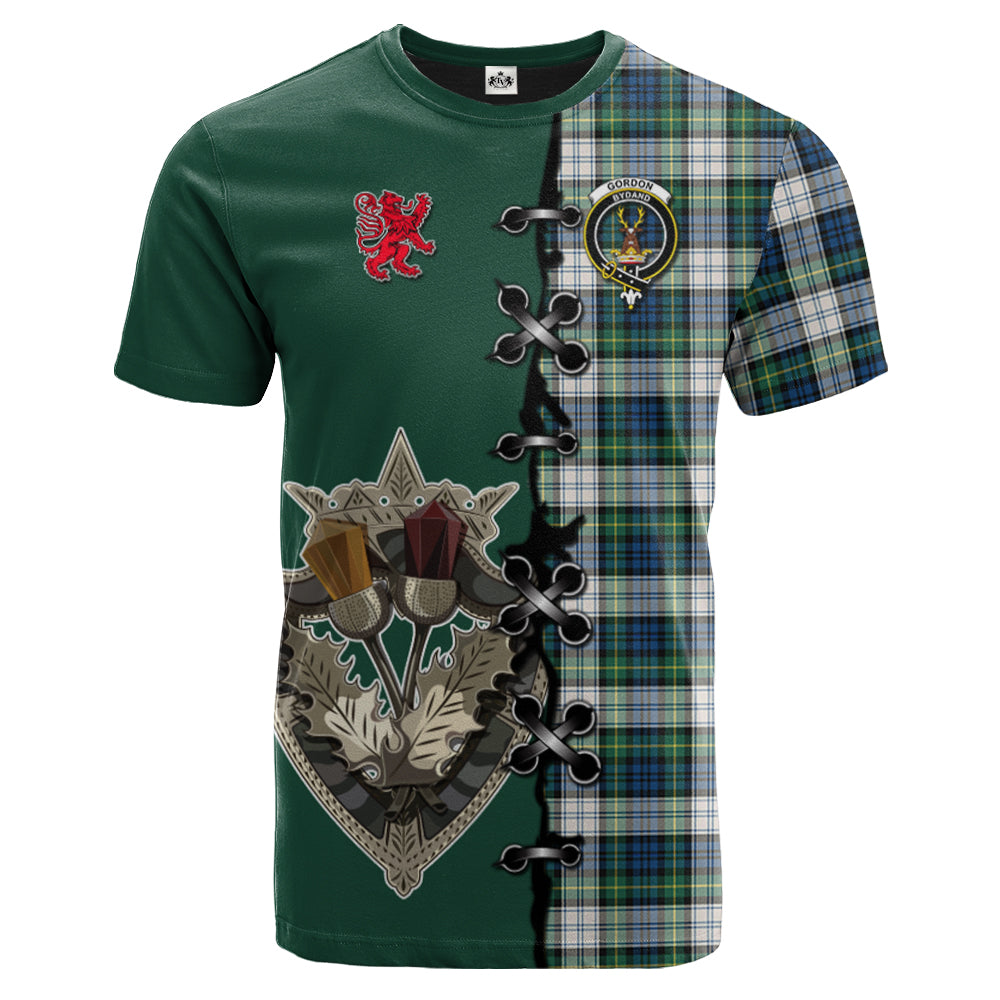 Gordon Dress Ancient Tartan T-shirt - Lion Rampant And Celtic Thistle Style