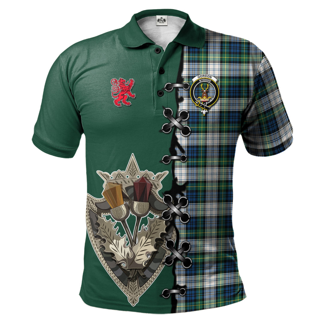 Gordon Dress Ancient Tartan Polo Shirt - Lion Rampant And Celtic Thistle Style