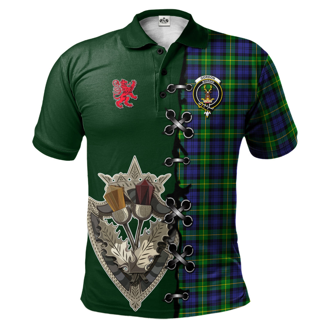 Gordon Modern Tartan Polo Shirt - Lion Rampant And Celtic Thistle Style