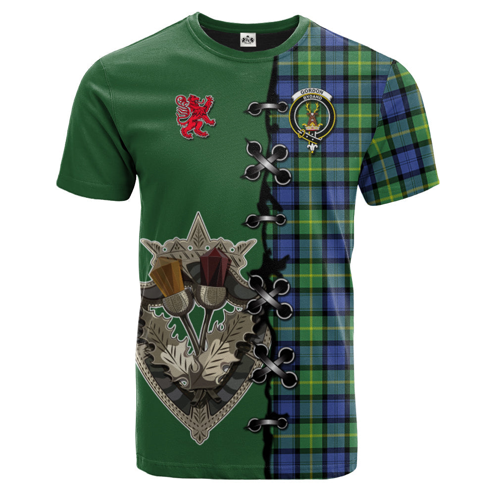 Gordon Old Ancient Tartan T-shirt - Lion Rampant And Celtic Thistle Style