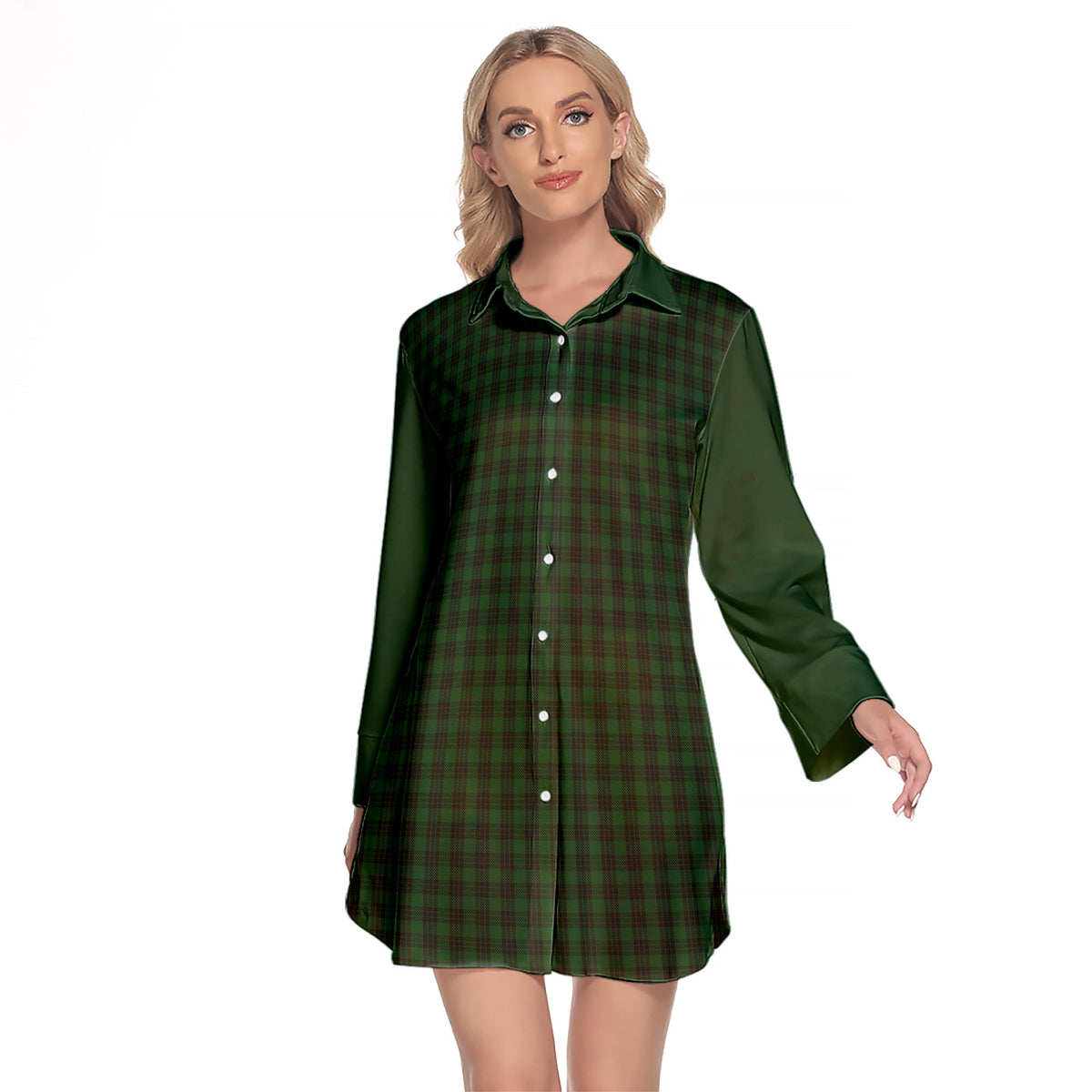 Graham Tartan Women's Lapel Shirt Dress With Long Sleeve