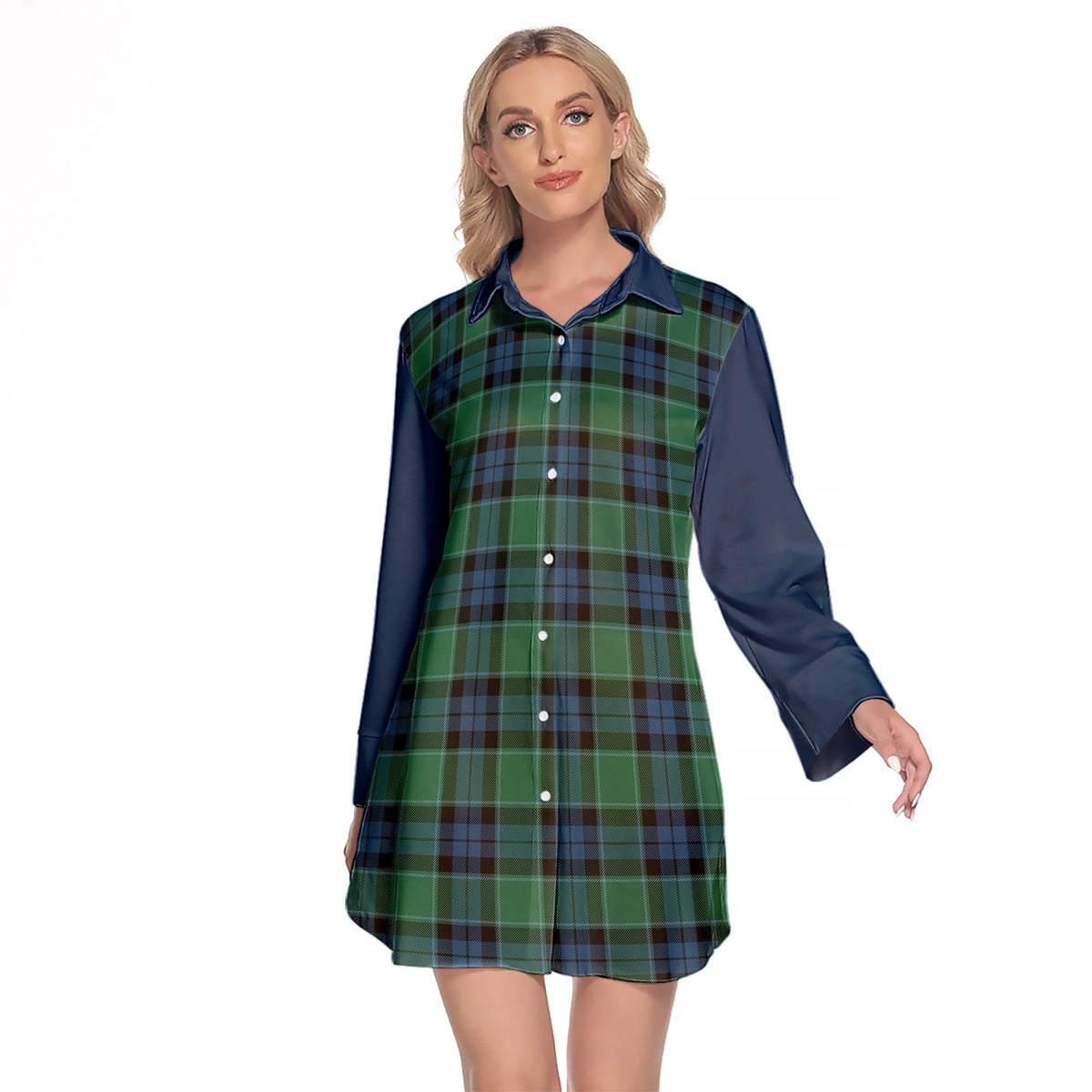 Graham Of Menteith Ancient Tartan Women's Lapel Shirt Dress With Long Sleeve