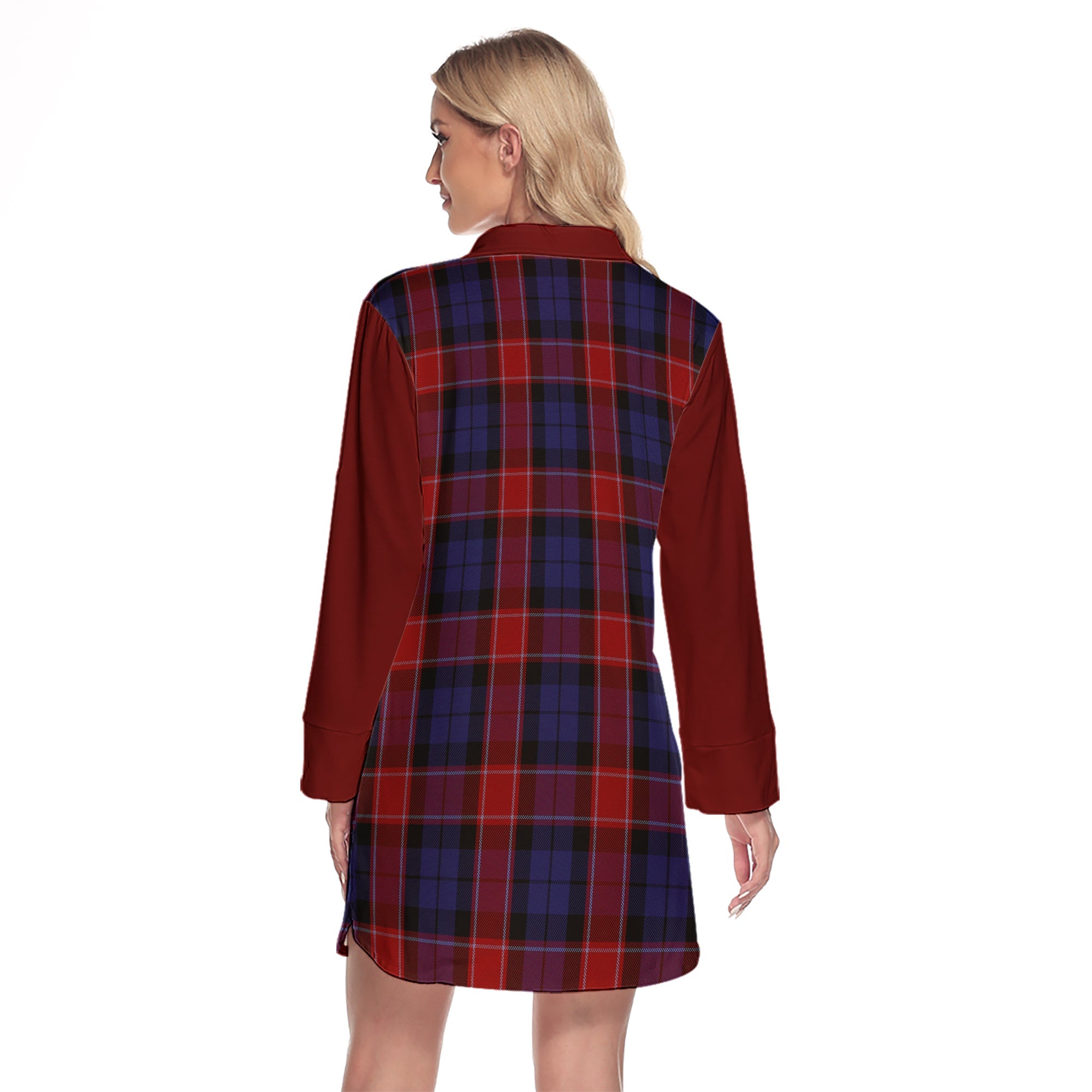 Graham Of Menteith Red Tartan Women's Lapel Shirt Dress With Long Sleeve