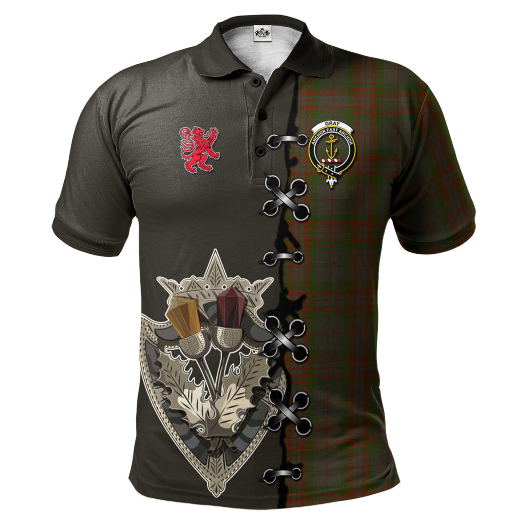 Gray Tartan Polo Shirt - Lion Rampant And Celtic Thistle Style