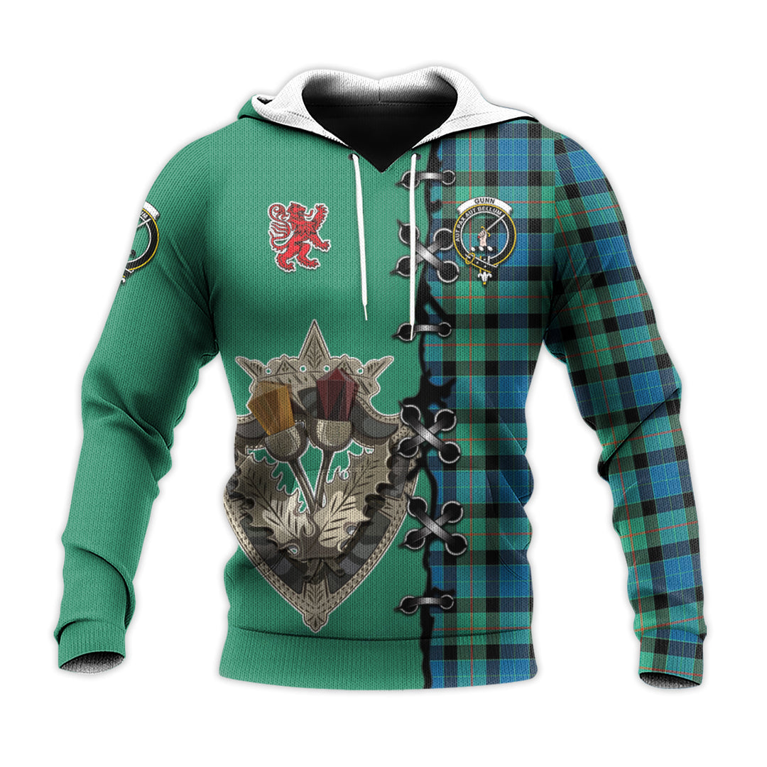 Gunn Ancient Tartan Hoodie - Lion Rampant And Celtic Thistle Style