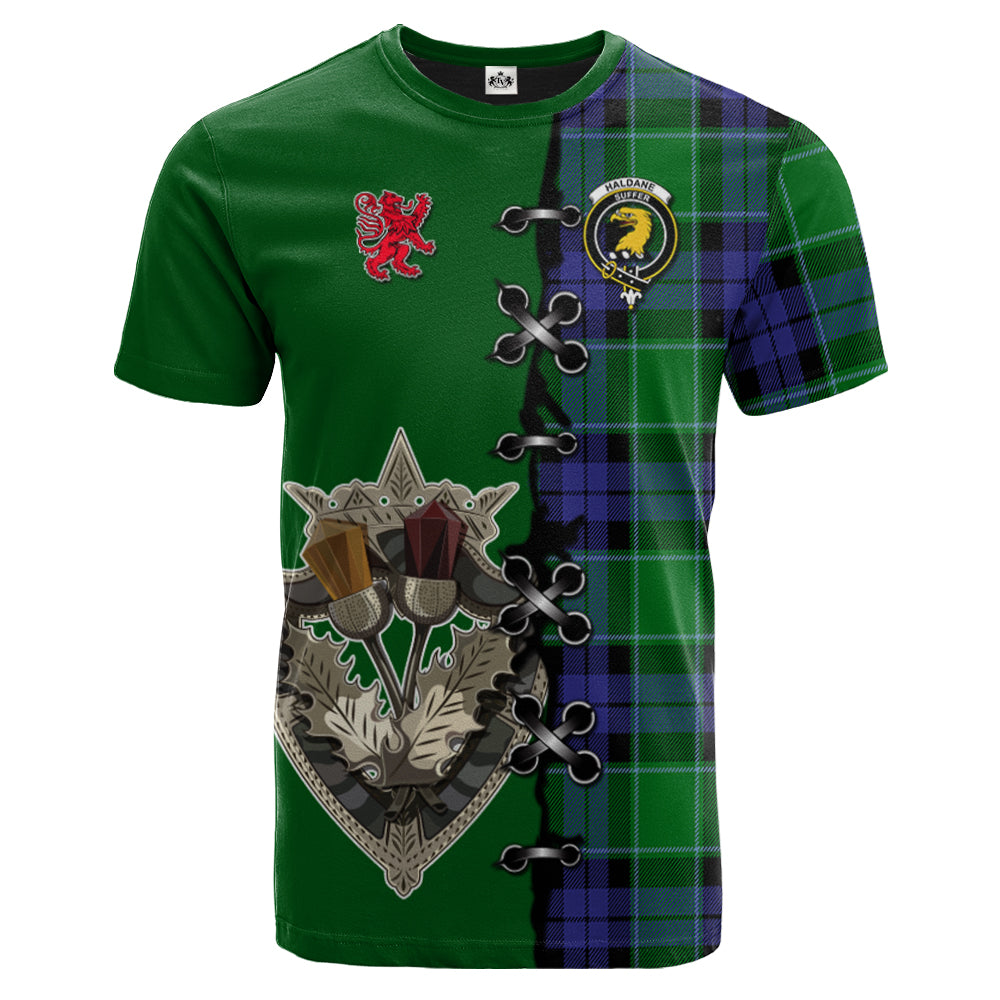 Haldane Tartan T-shirt - Lion Rampant And Celtic Thistle Style