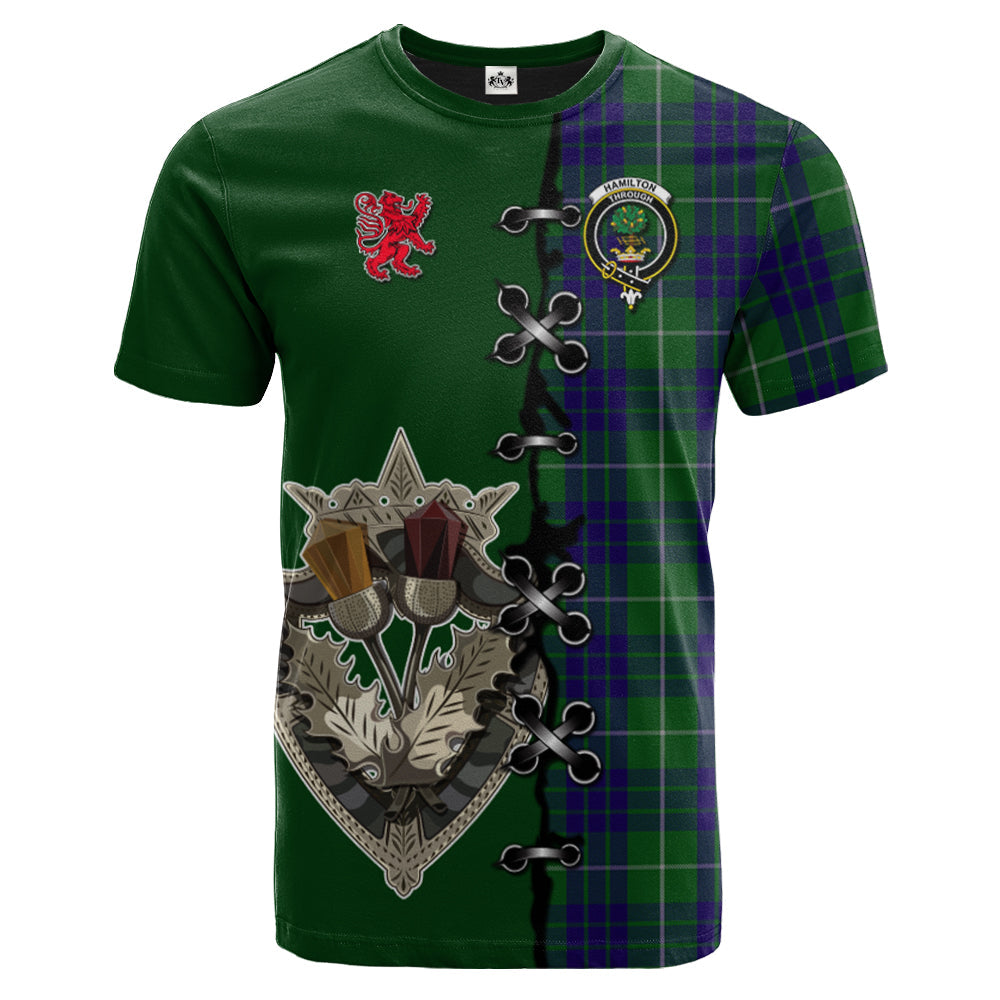 Hamilton Green Hunting Tartan T-shirt - Lion Rampant And Celtic Thistle Style