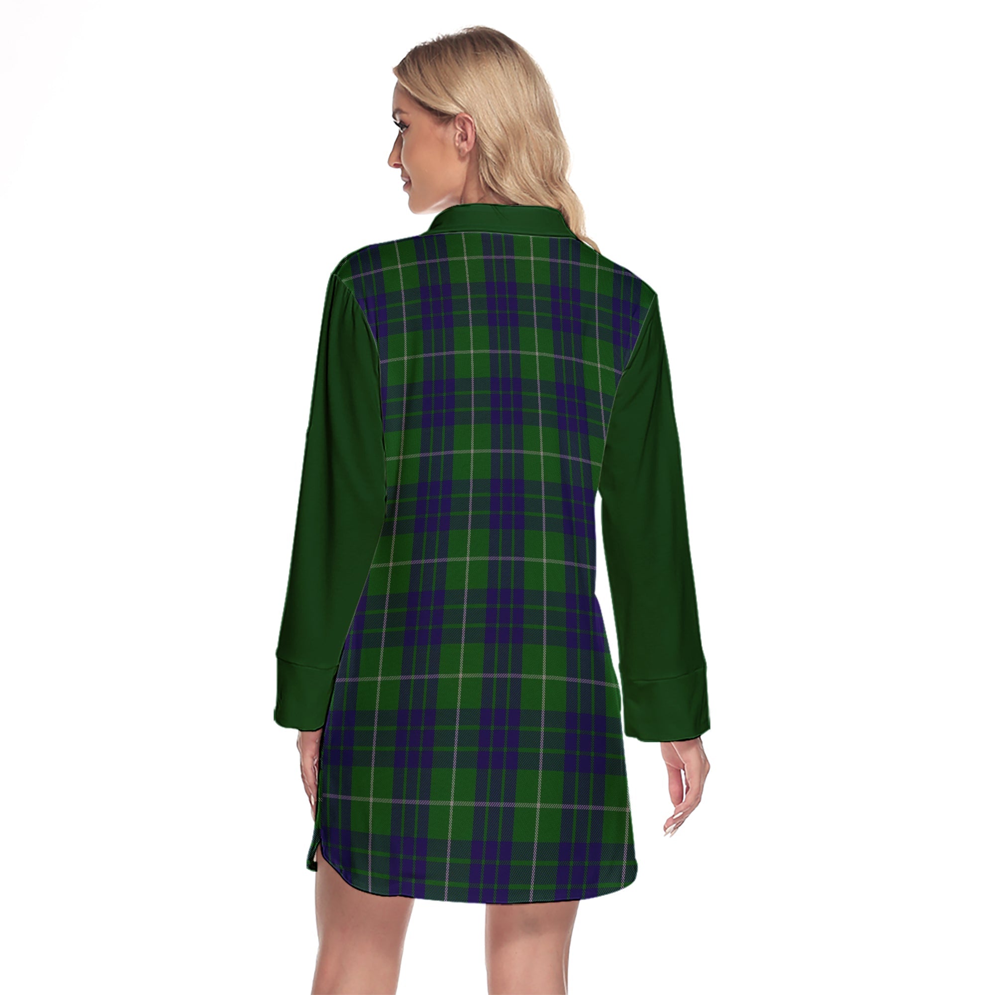 Hamilton Green Hunting Tartan Women's Lapel Shirt Dress With Long Sleeve