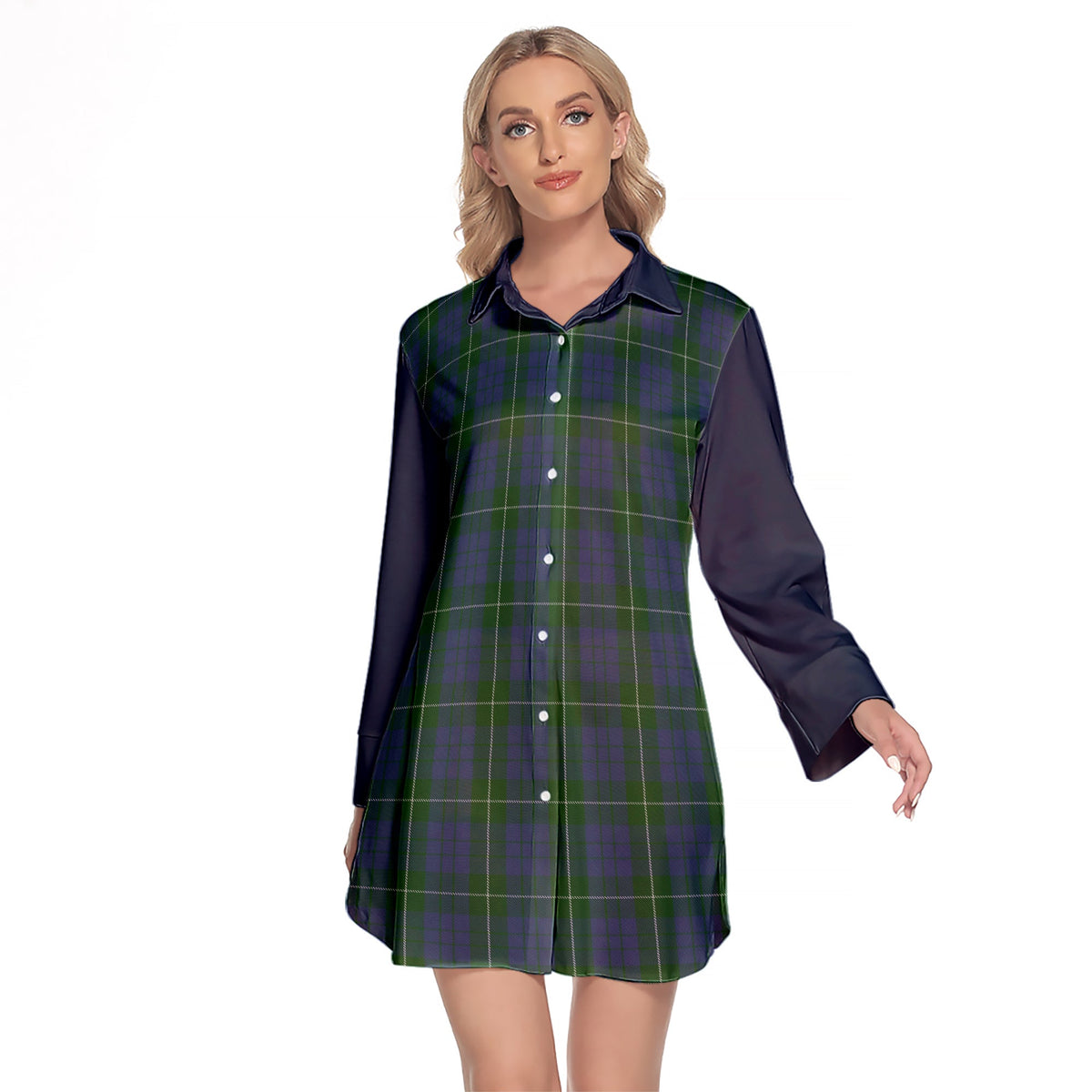 Hamilton Hunting Tartan Women's Lapel Shirt Dress With Long Sleeve