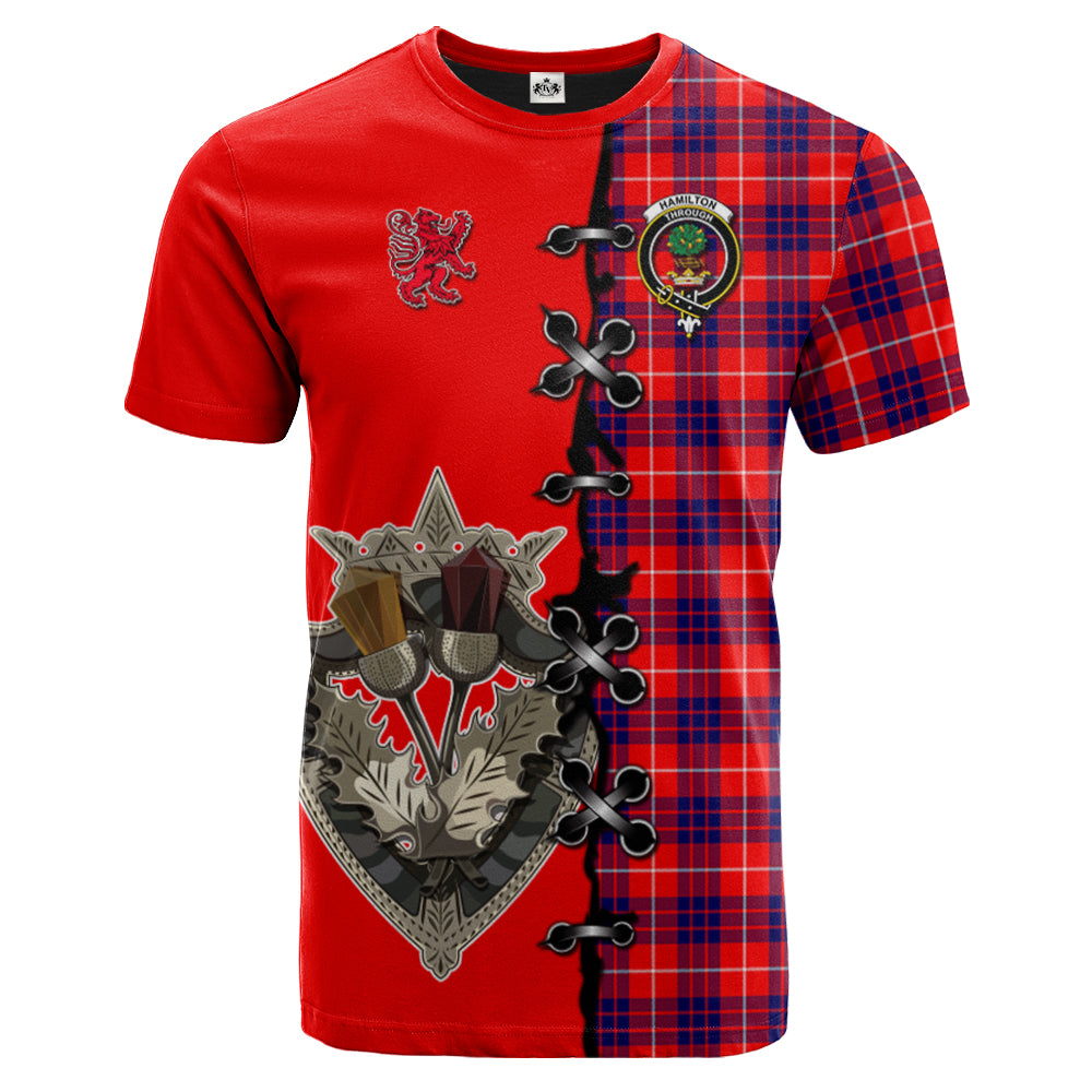 Hamilton Modern Tartan T-shirt - Lion Rampant And Celtic Thistle Style