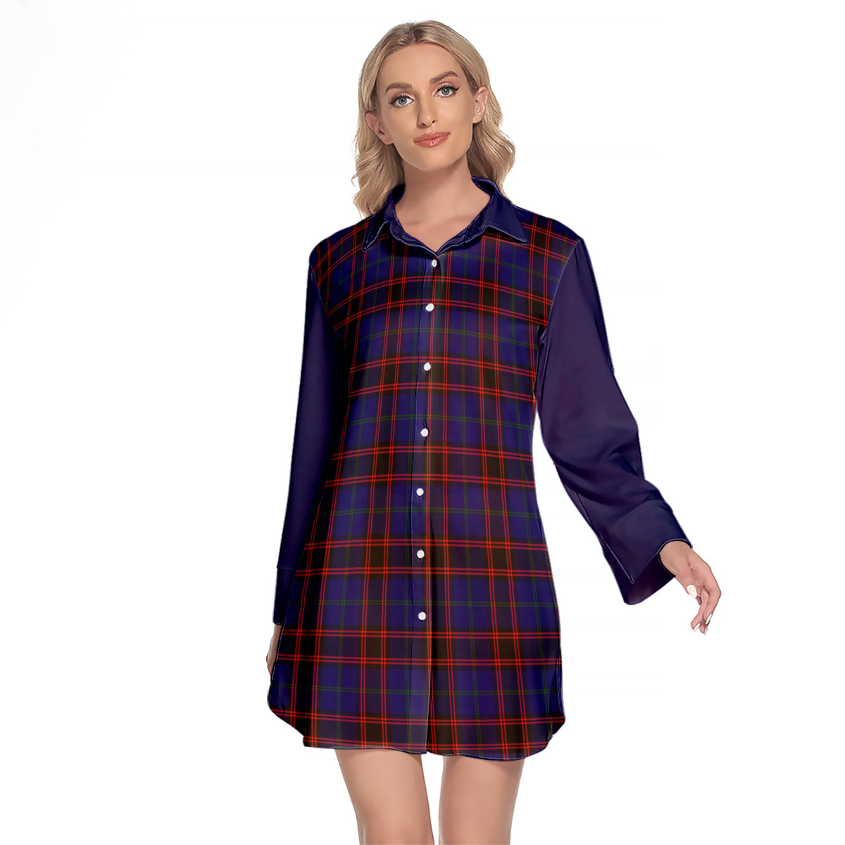 Home Modern Tartan Women's Lapel Shirt Dress With Long Sleeve