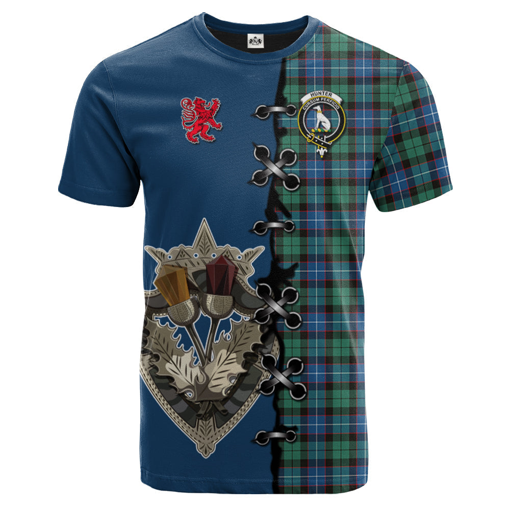 Hunter Ancient Tartan T-shirt - Lion Rampant And Celtic Thistle Style