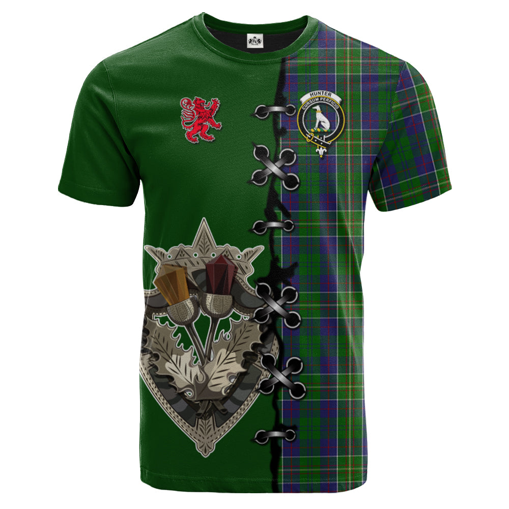 Hunter of Hunterston Tartan T-shirt - Lion Rampant And Celtic Thistle Style