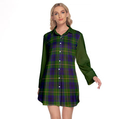 Johnston Modern Tartan Women's Lapel Shirt Dress With Long Sleeve