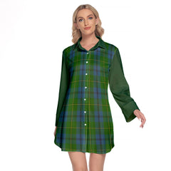 Johnstone Tartan Women's Lapel Shirt Dress With Long Sleeve