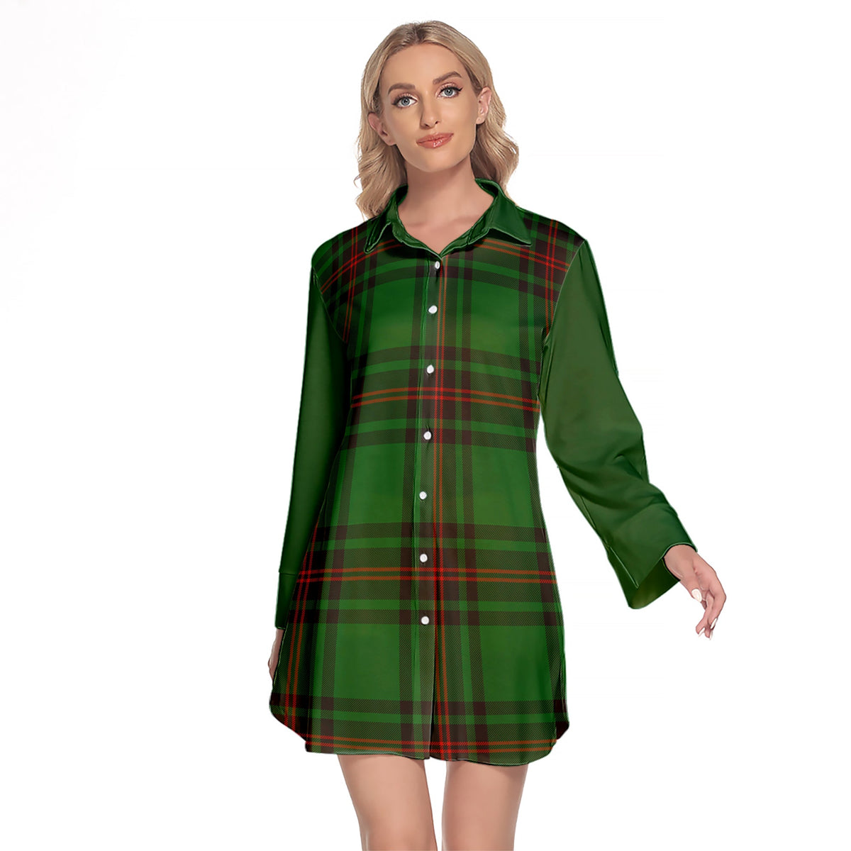 Kinloch Tartan Women's Lapel Shirt Dress With Long Sleeve