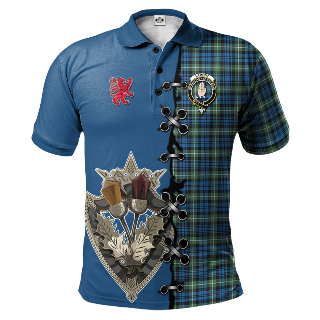 Lamont Ancient Tartan Polo Shirt - Lion Rampant And Celtic Thistle Style