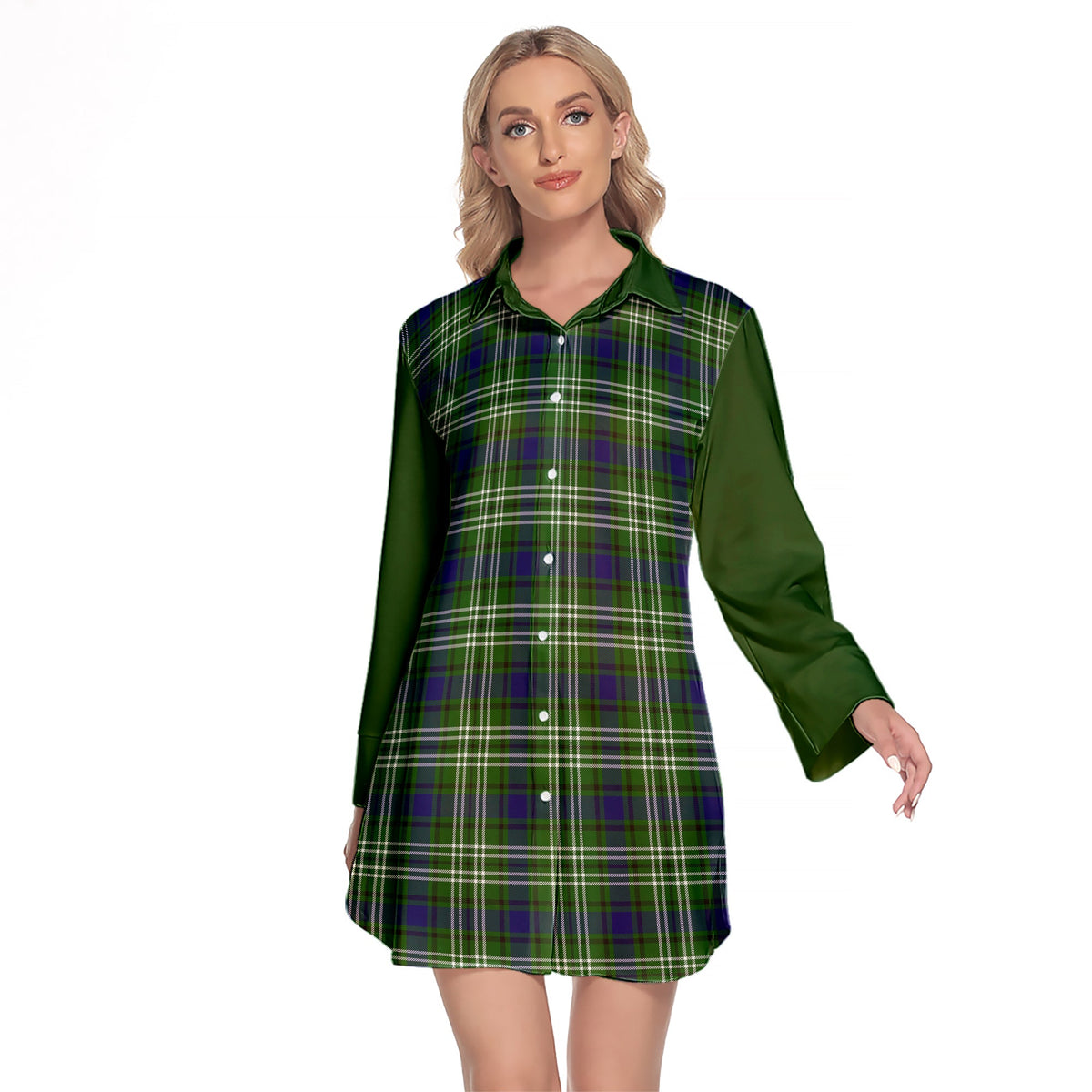 Learmonth Tartan Women's Lapel Shirt Dress With Long Sleeve