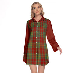 Leask Tartan Women's Lapel Shirt Dress With Long Sleeve