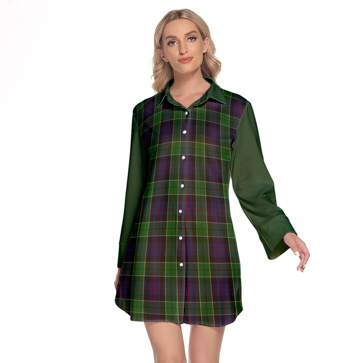 Leslie Hunting Tartan Women's Lapel Shirt Dress With Long Sleeve