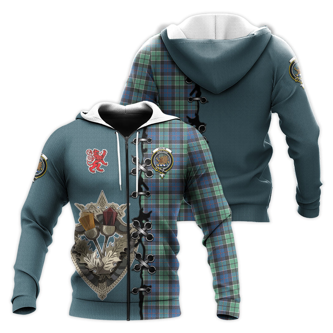 Leslie Hunting Ancient Tartan Hoodie - Lion Rampant And Celtic Thistle Style