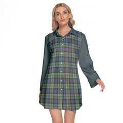 Leslie Hunting Ancient Tartan Women's Lapel Shirt Dress With Long Sleeve