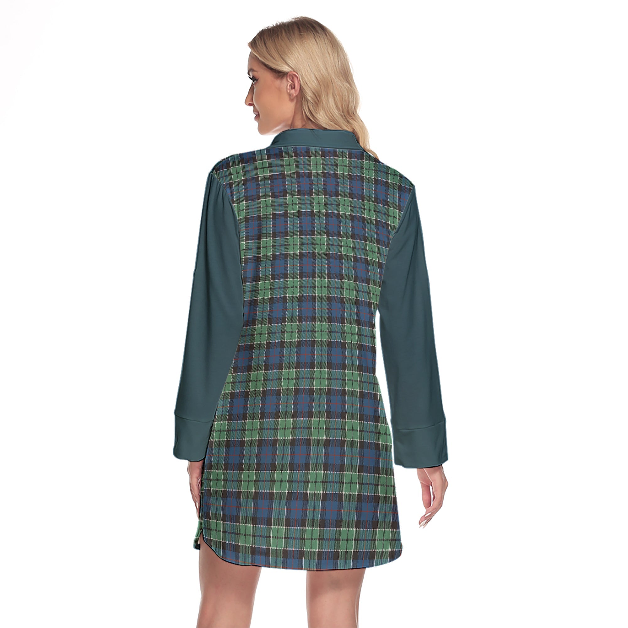 Leslie Hunting Ancient Tartan Women's Lapel Shirt Dress With Long Sleeve