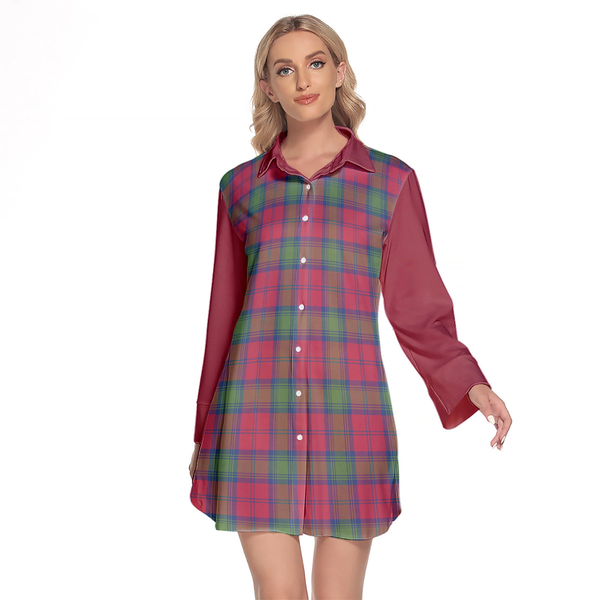 Lindsay Ancient Tartan Women's Lapel Shirt Dress With Long Sleeve