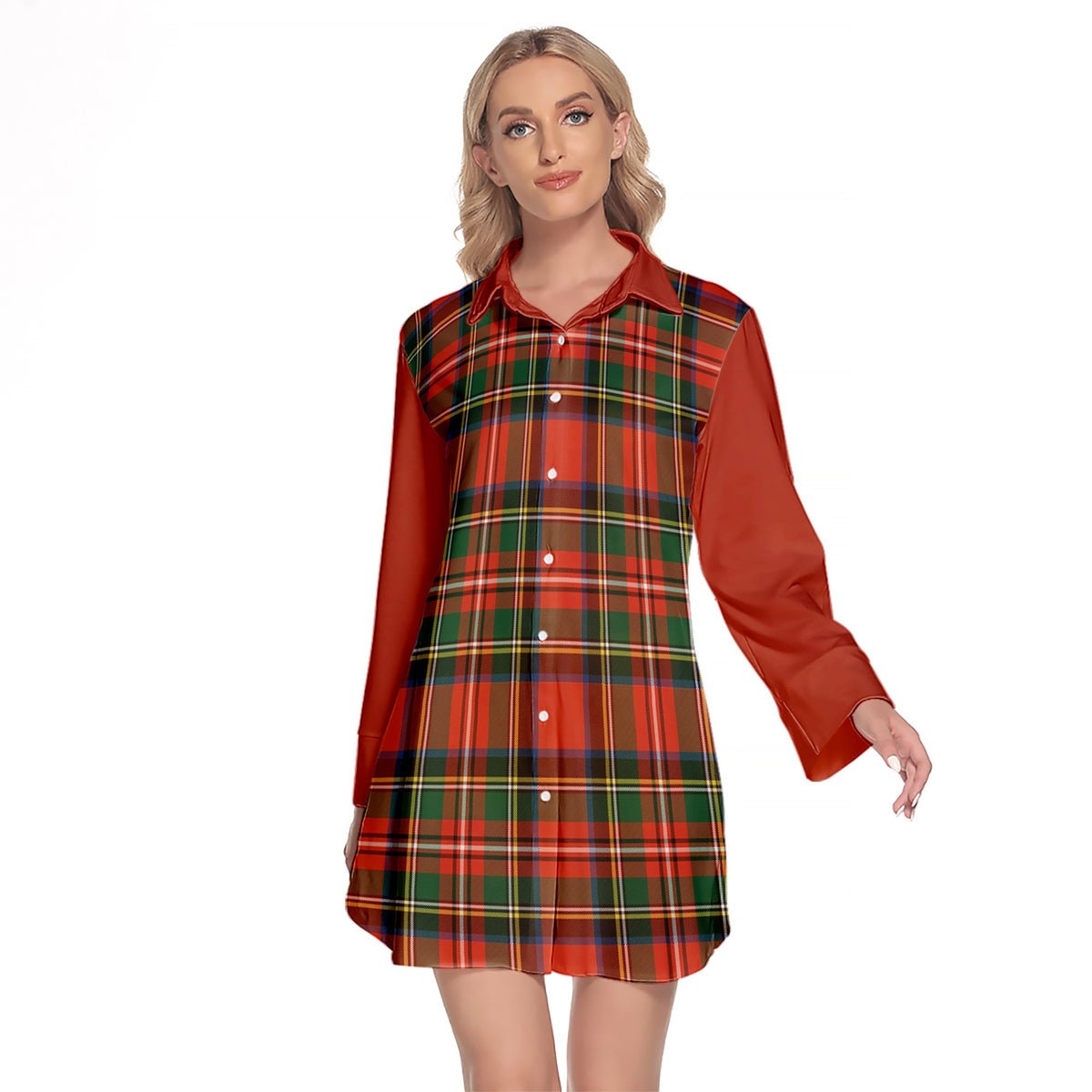 Lyle Tartan Women's Lapel Shirt Dress With Long Sleeve