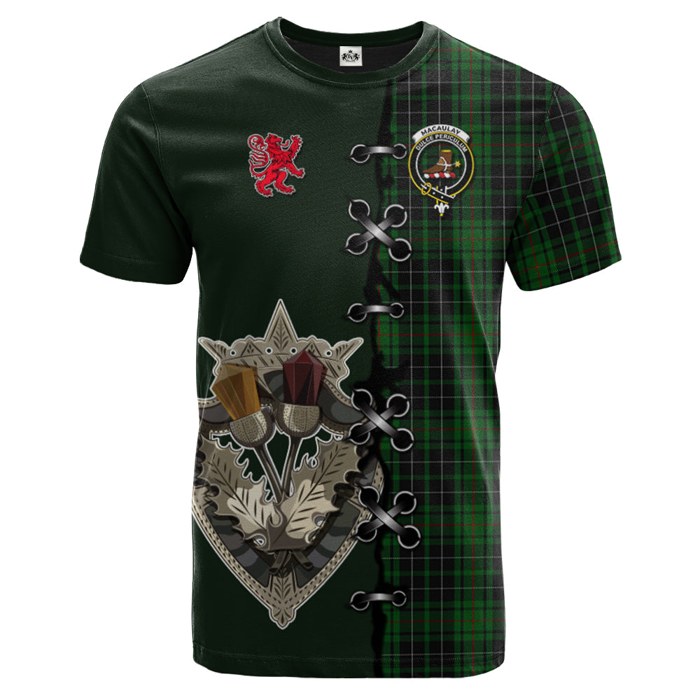 MacAulay Hunting Tartan T-shirt - Lion Rampant And Celtic Thistle Style