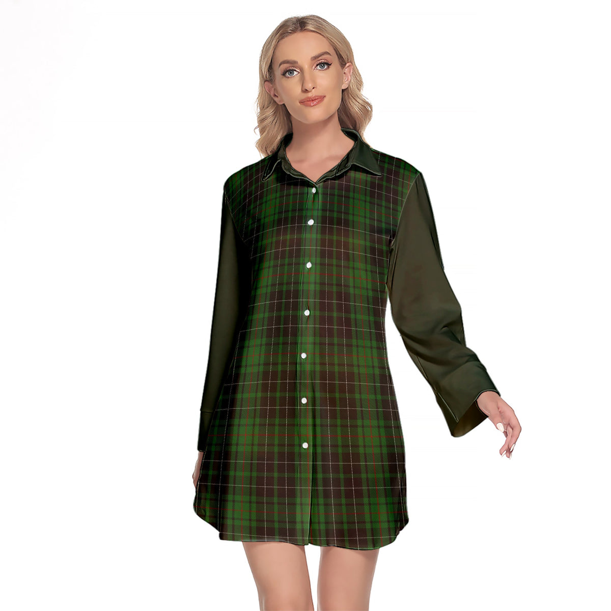 MacAulay Hunting Tartan Women's Lapel Shirt Dress With Long Sleeve