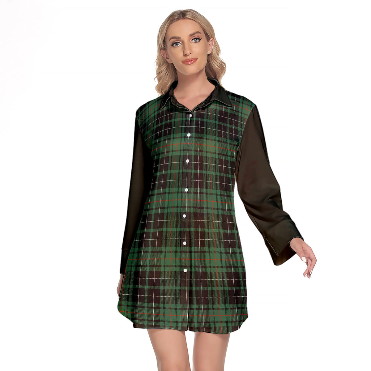 MacAulay Hunting Ancient Tartan Women's Lapel Shirt Dress With Long Sleeve