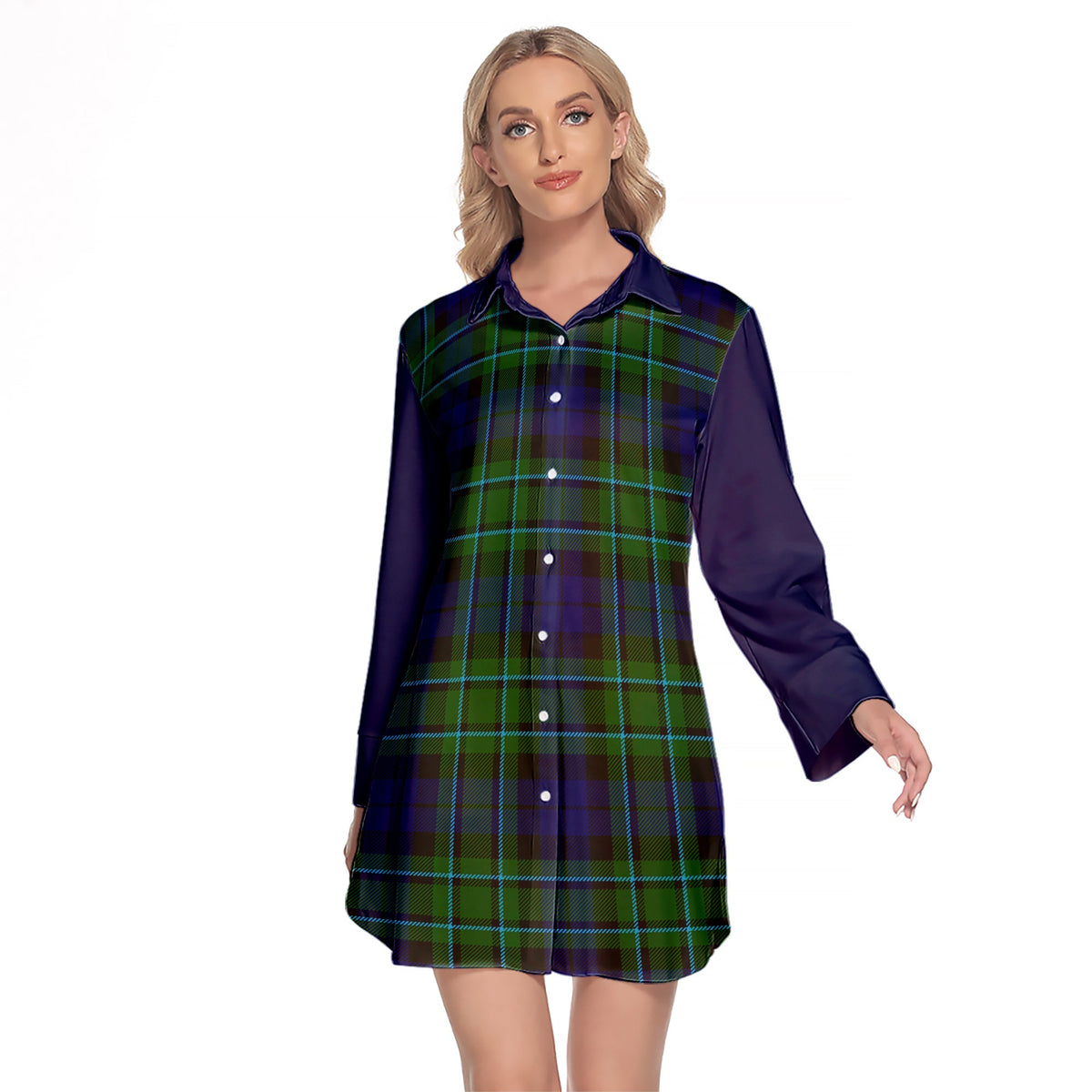 MacCallum Modern Tartan Women's Lapel Shirt Dress With Long Sleeve