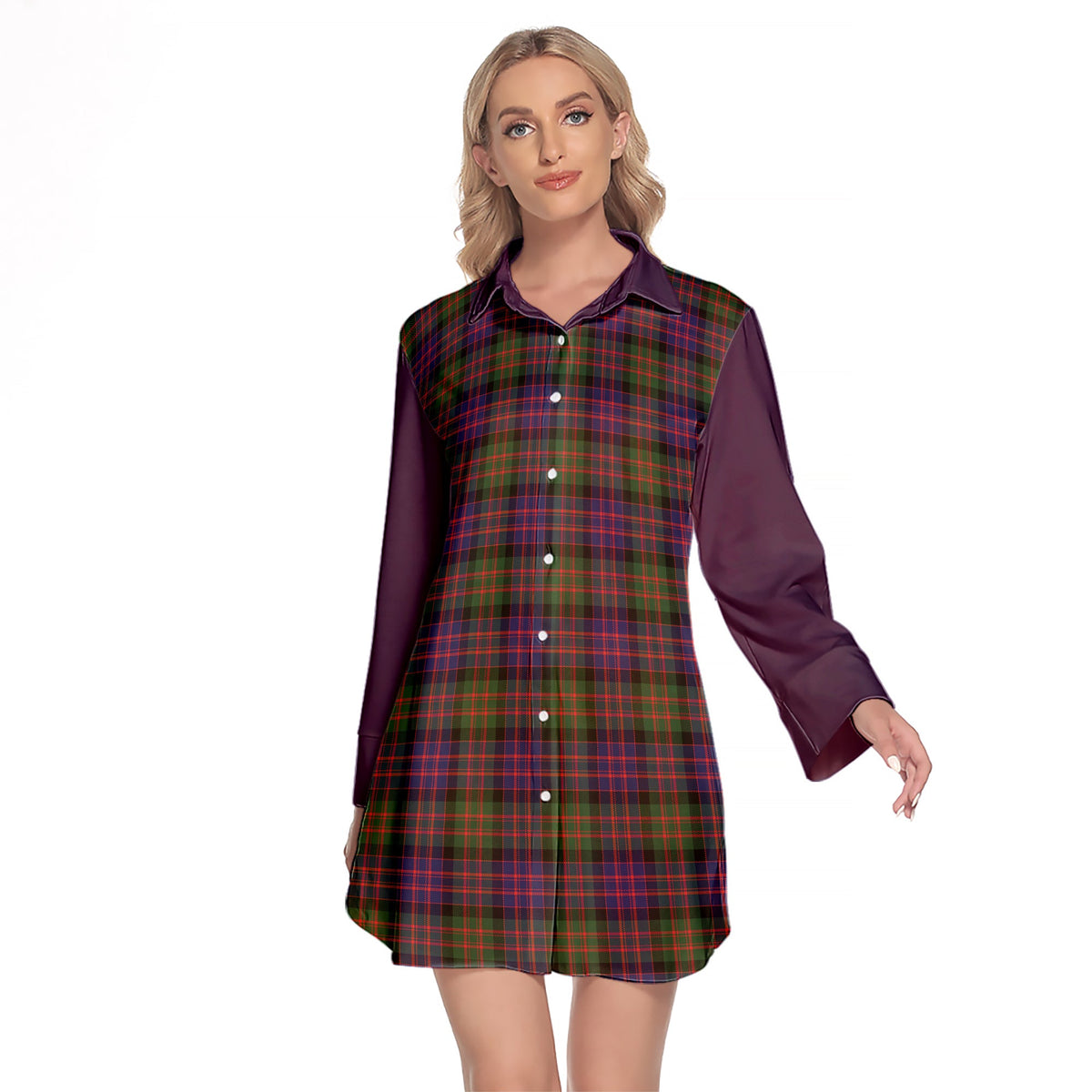 MacDonald Modern Tartan Women's Lapel Shirt Dress With Long Sleeve