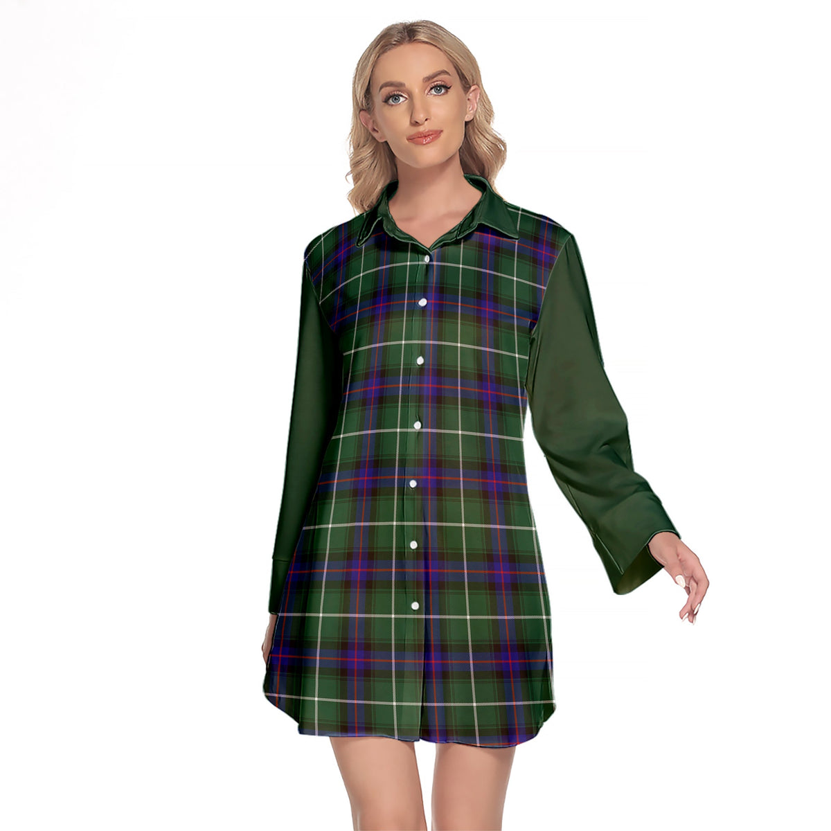 MacDonald Of The Isles Hunting Modern Tartan Women's Lapel Shirt Dress With Long Sleeve