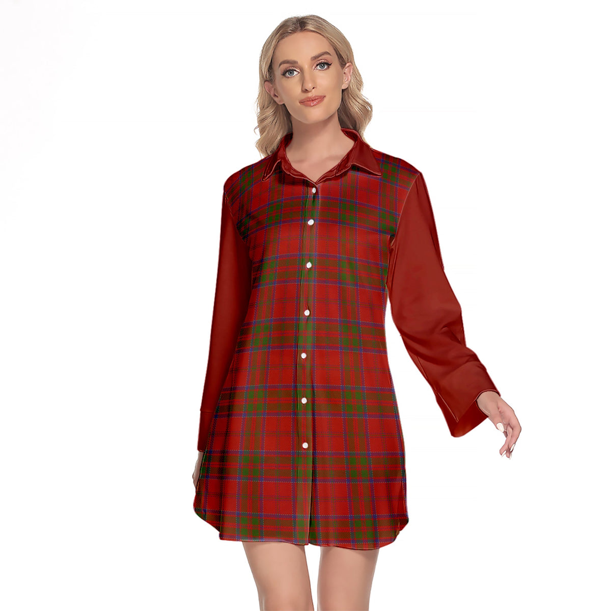 MacDonell Of Keppoch Tartan Women's Lapel Shirt Dress With Long Sleeve