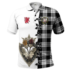 MacFarlane Black White Tartan Polo Shirt - Lion Rampant And Celtic Thistle Style