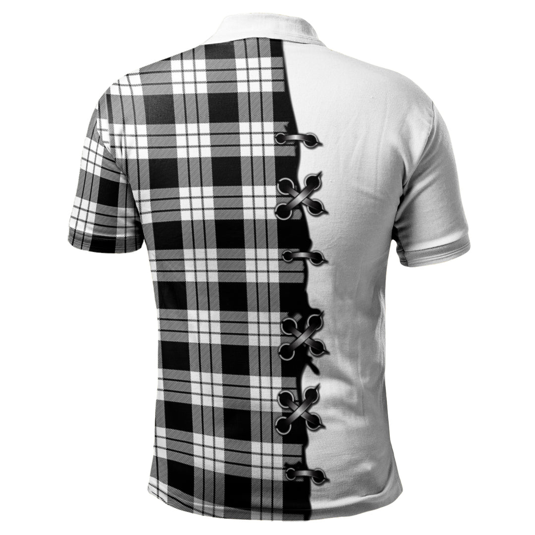 MacFarlane Black White Tartan Polo Shirt - Lion Rampant And Celtic Thistle Style