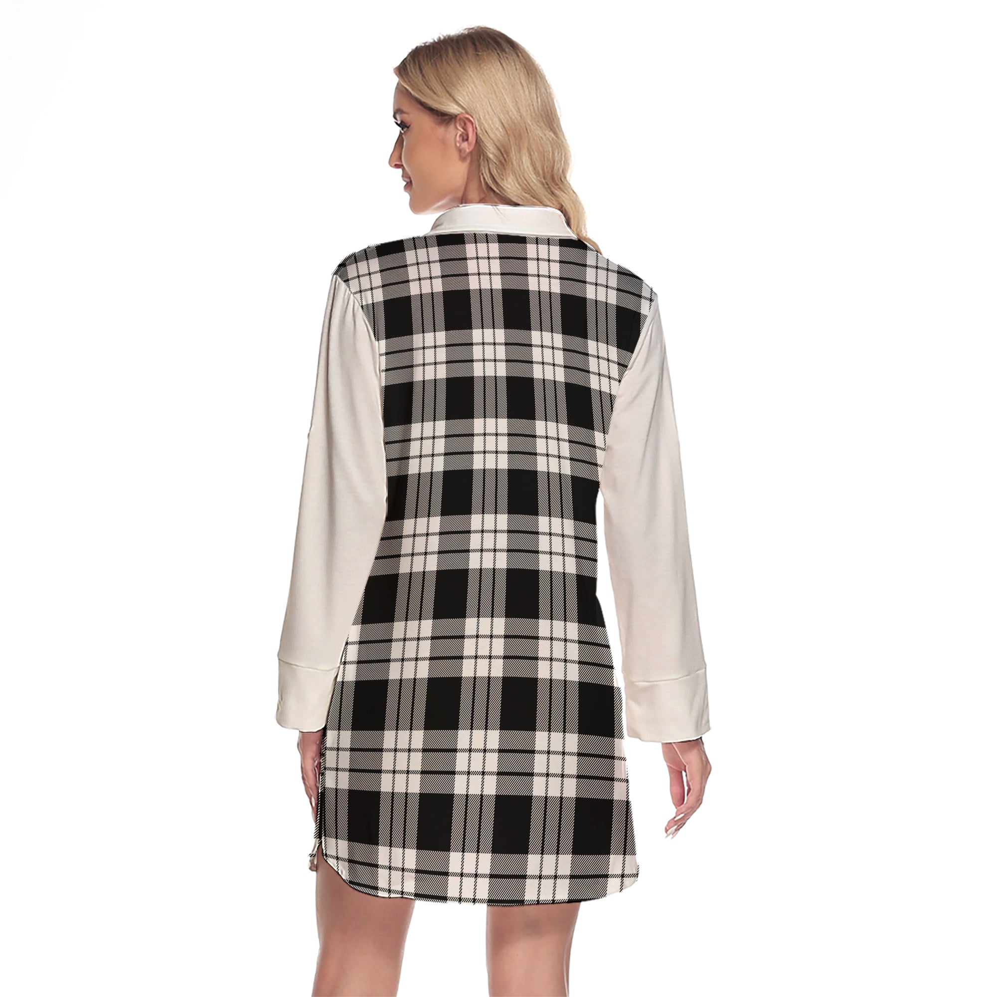 MacFarlane Black White Tartan Women's Lapel Shirt Dress With Long Sleeve