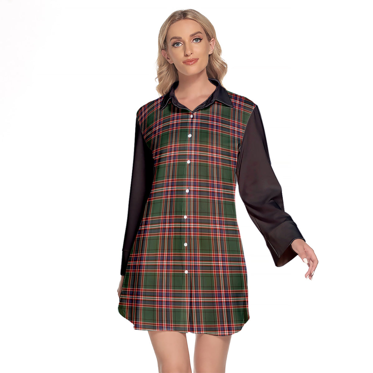 MacFarlane Hunting Modern Tartan Women's Lapel Shirt Dress With Long Sleeve