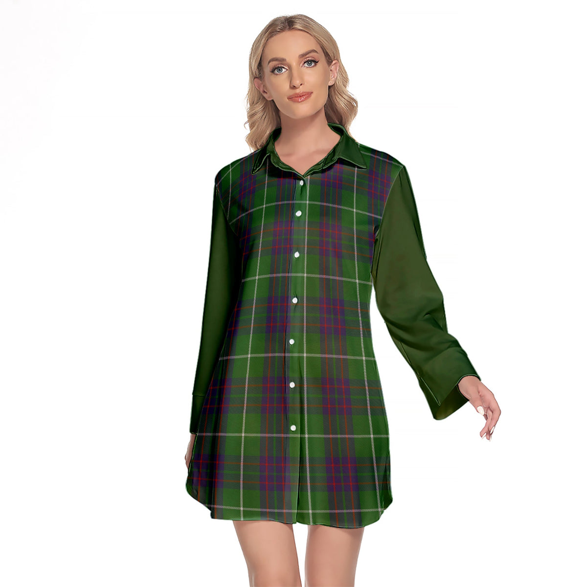 MacIntyre Hunting Tartan Women's Lapel Shirt Dress With Long Sleeve