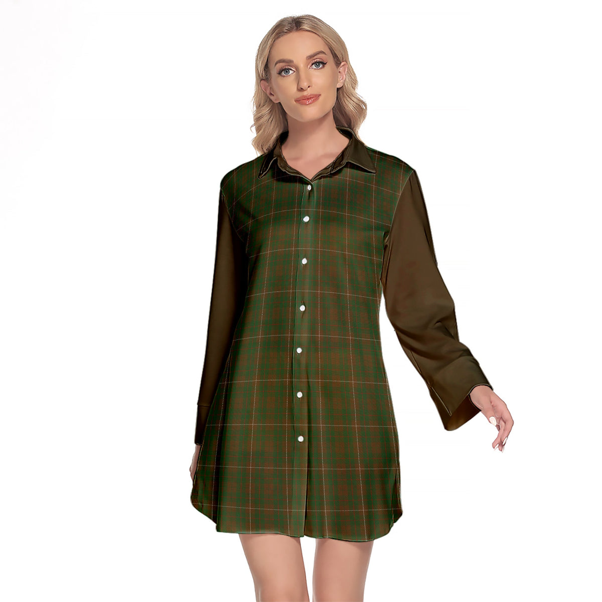 MacKinnon Hunting Tartan Women's Lapel Shirt Dress With Long Sleeve