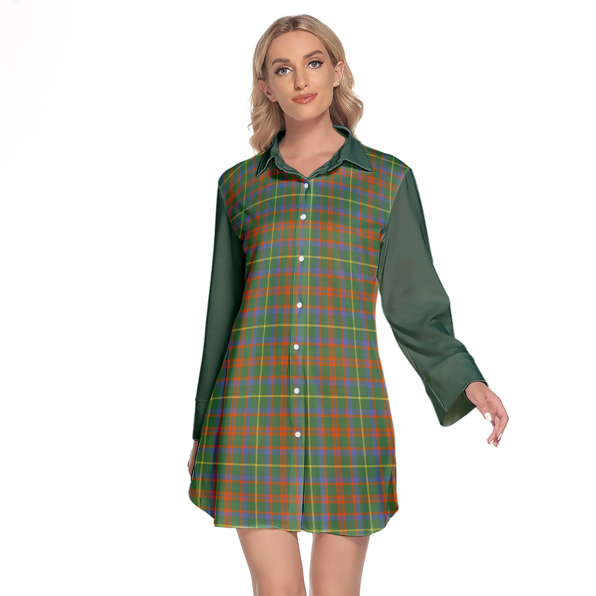 MacKintosh Hunting Ancient Tartan Women's Lapel Shirt Dress With Long Sleeve