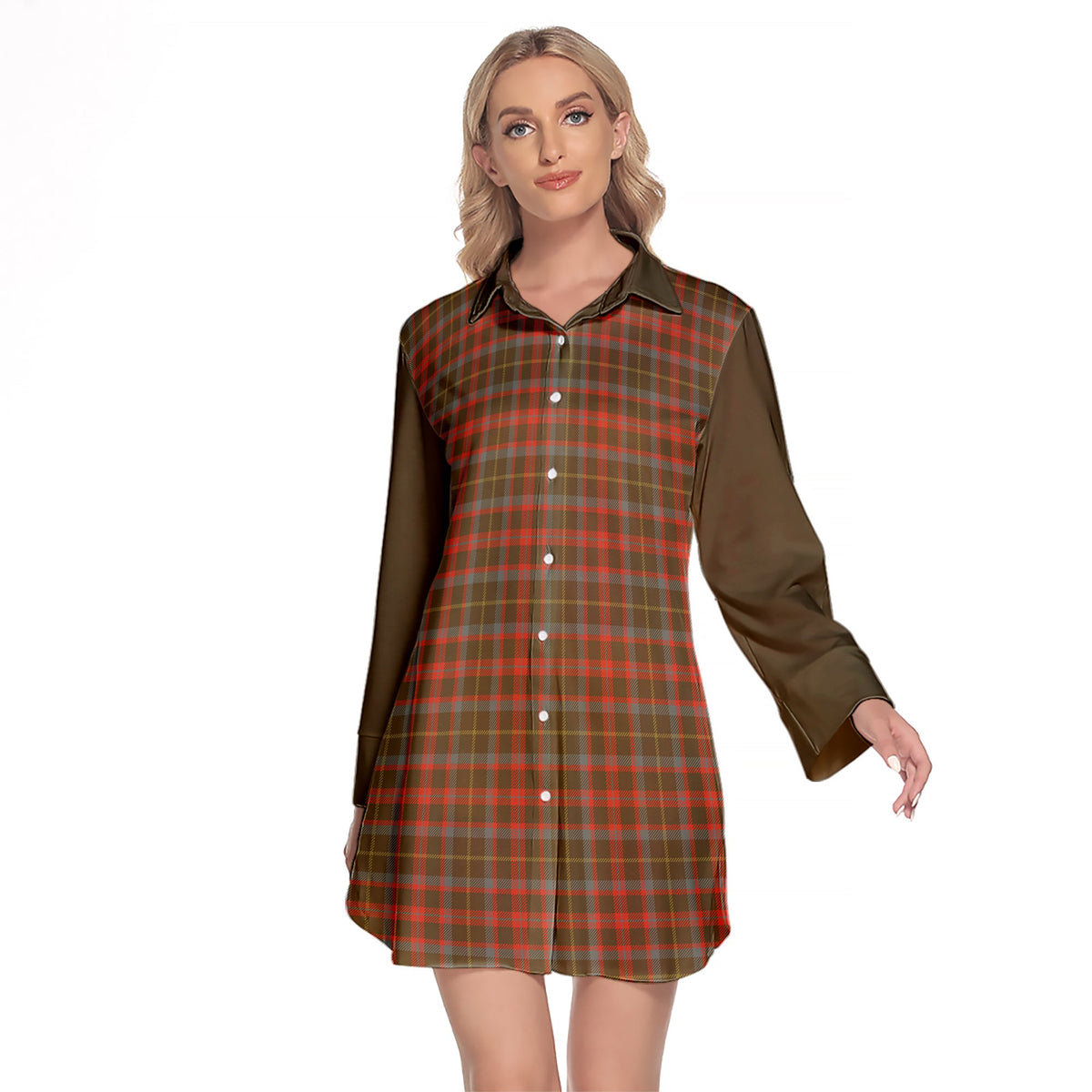 MacKintosh Hunting Weathered Tartan Women's Lapel Shirt Dress With Long Sleeve