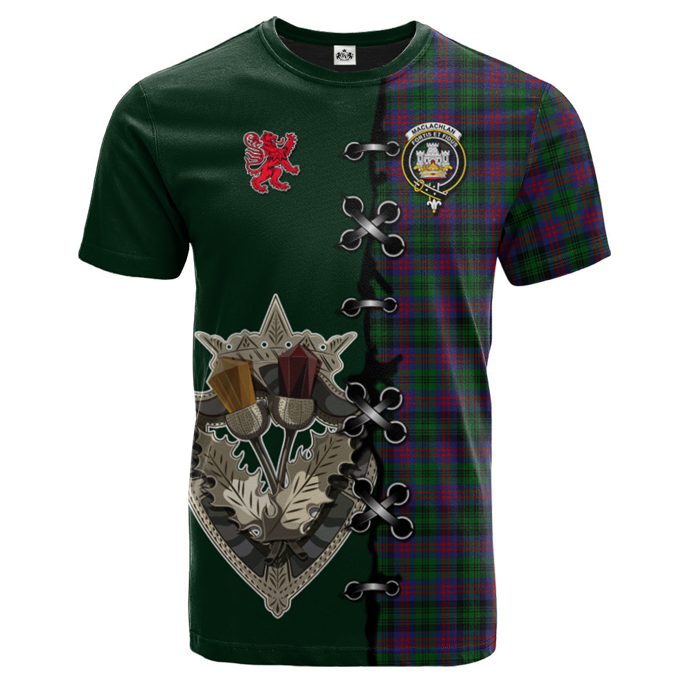 MacLachlan Hunting Tartan T-shirt - Lion Rampant And Celtic Thistle Style