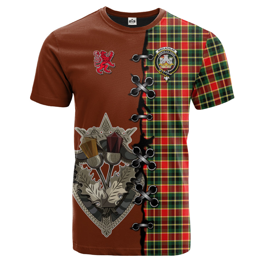 MacLachlan Hunting Modern Tartan T-shirt - Lion Rampant And Celtic Thistle Style