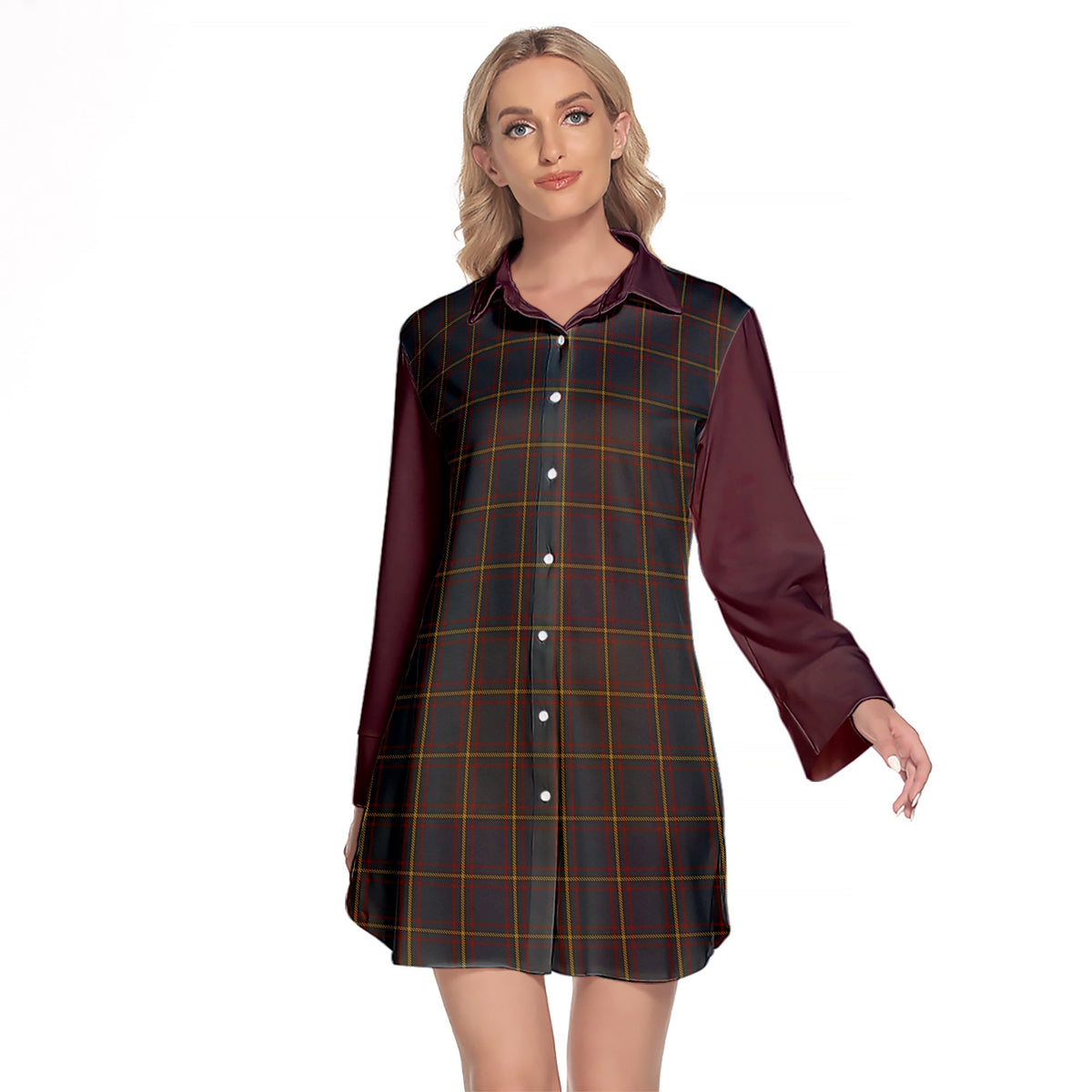 MacLaine Of Lochbuie Hunting Tartan Women's Lapel Shirt Dress With Long Sleeve