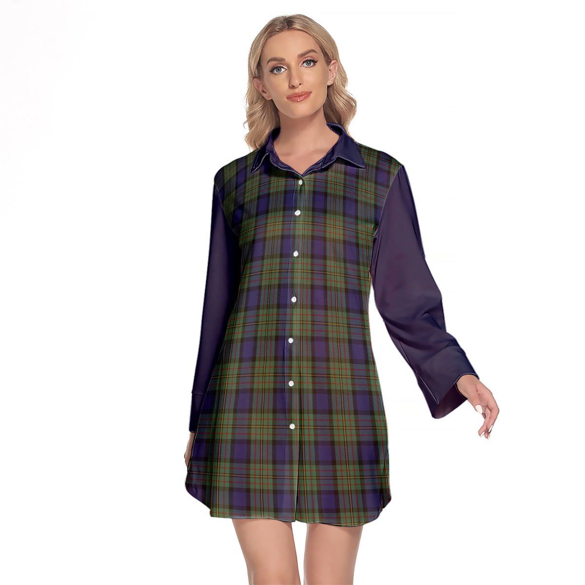 MacLaren Tartan Women's Lapel Shirt Dress With Long Sleeve