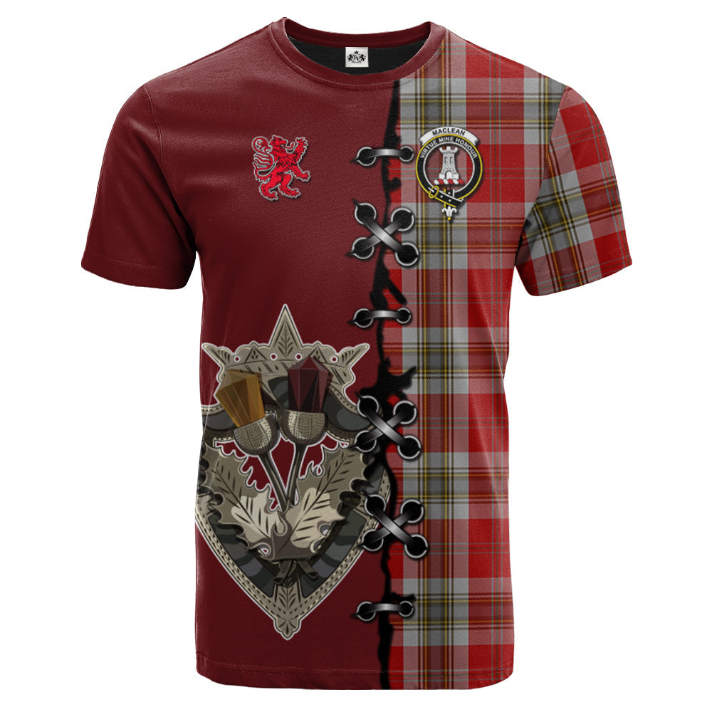 MacLean of Duart Dress Red Tartan T-shirt - Lion Rampant And Celtic Thistle Style