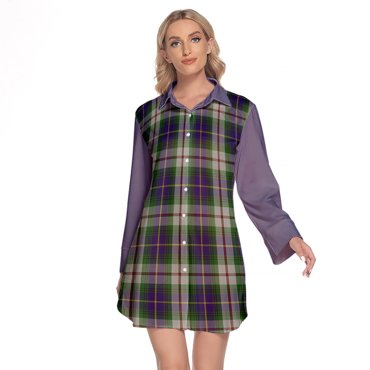 MacLeod Of Californian Tartan Women's Lapel Shirt Dress With Long Sleeve